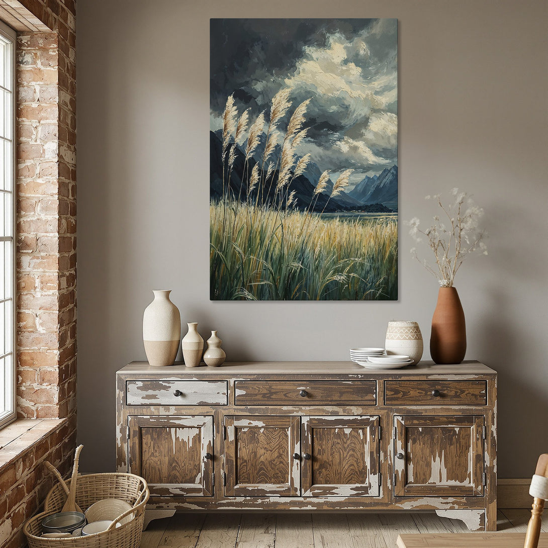 Framed Wall Art: Landscape Canvas Print with muted blues, greens, and golds. Abstract style featuring reeds and mountains, perfect for dining room decor.