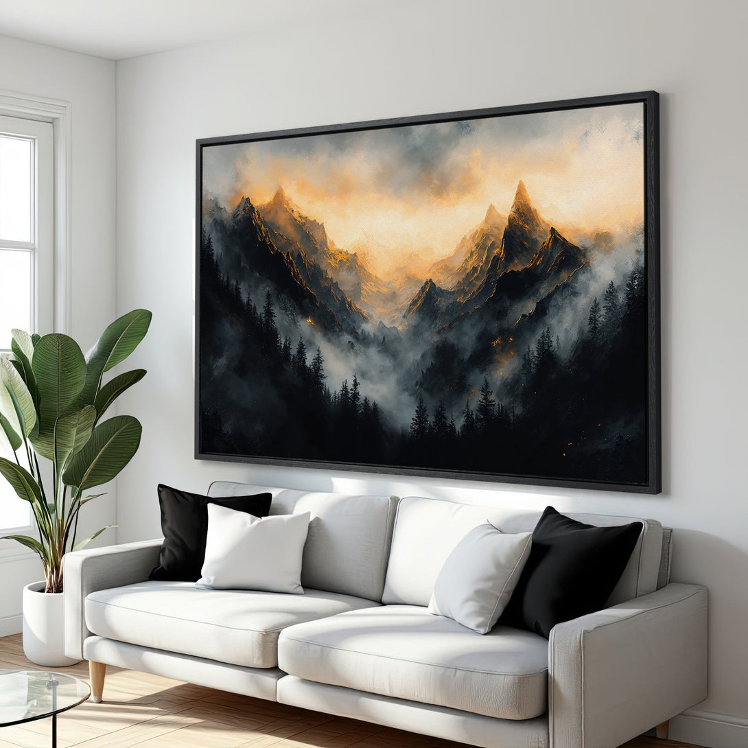 Framed Wall Art: Majestic mountain landscape canvas print in a moody, painterly style with a warm gold and cool grey color palette. Perfect for any interior!