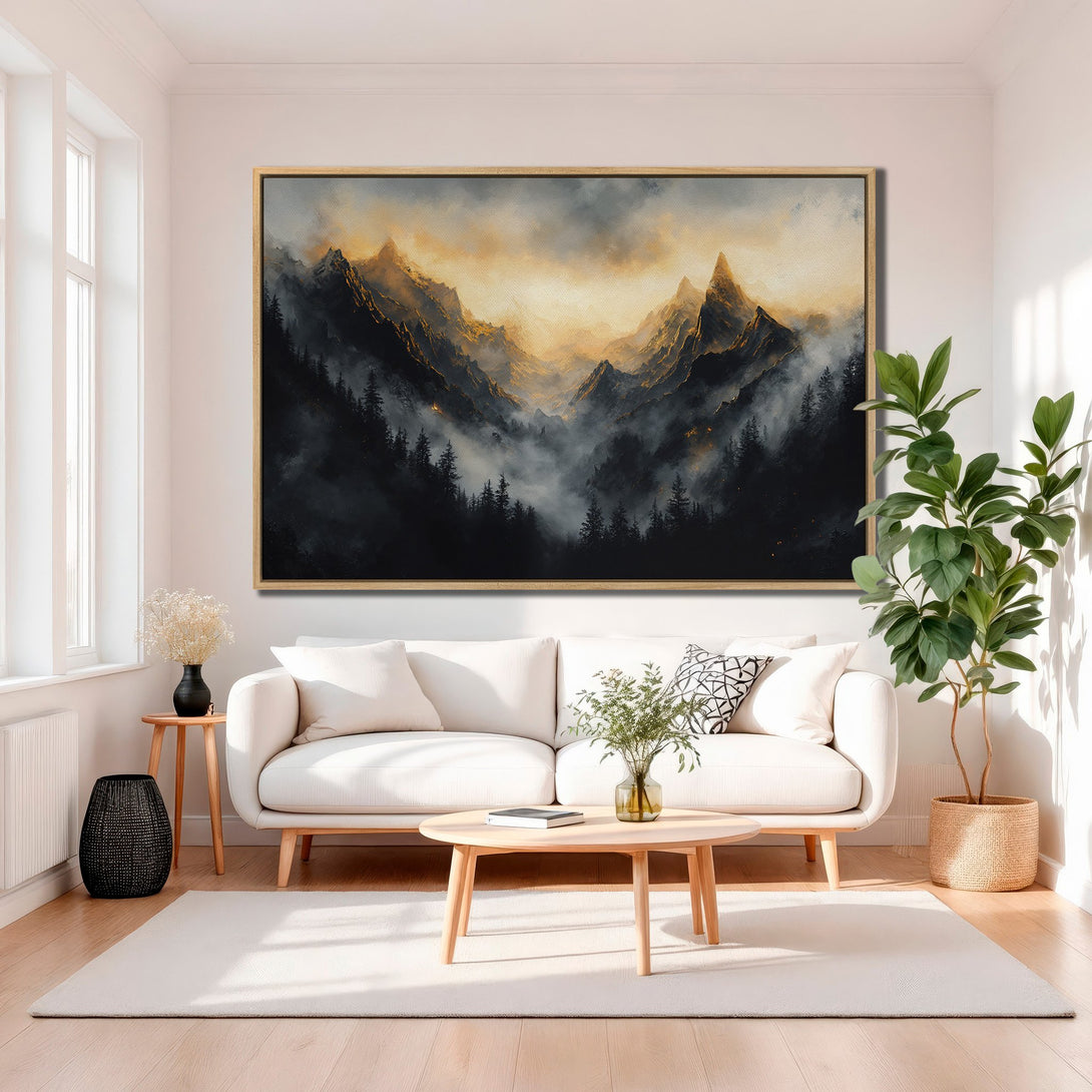 Framed Wall Art featuring a majestic mountain landscape in a moody, painterly style. Earthy tones of gold, black, and gray create a dramatic focal point.