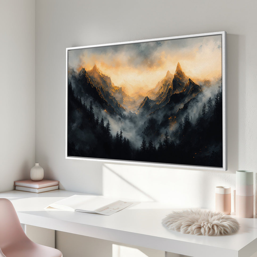 Framed Wall Art featuring a majestic mountain landscape. Dramatic art piece with warm gold and cool grey tones, perfect for any interior.