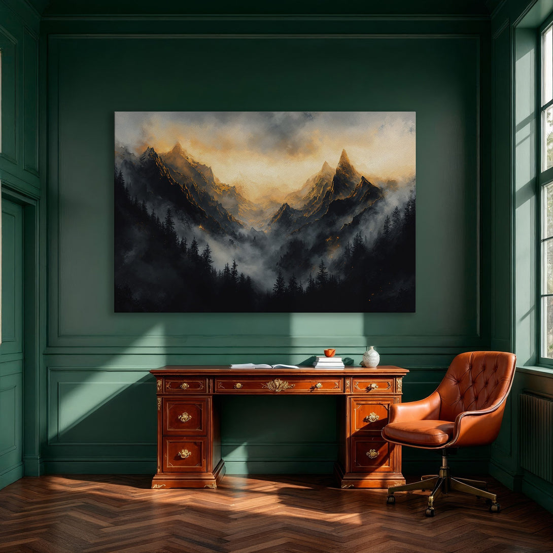 Framed Wall Art: Mountain Canvas Print in a modern dining room. Features a moody, painterly style with a dark, warm color palette. Perfect for home decor.