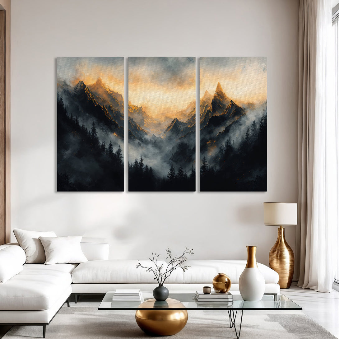 Canvas Print of a majestic mountain landscape in a moody, painterly style with a warm, golden and dark color palette. Perfect for adding a touch of nature to any space.