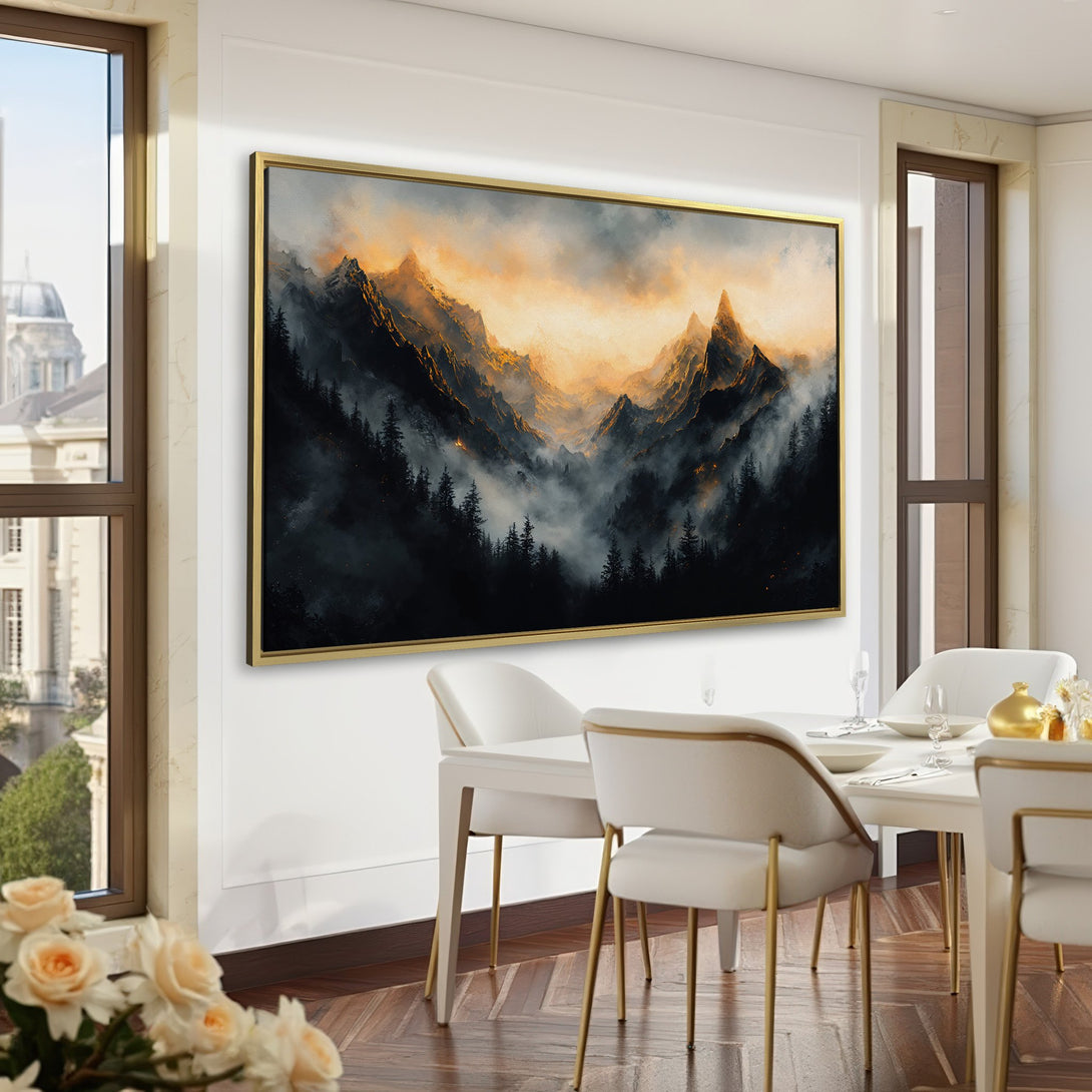 Canvas Print of a majestic mountain landscape in a moody, dark color palette. Perfect for adding a touch of nature-inspired art to your home or office.