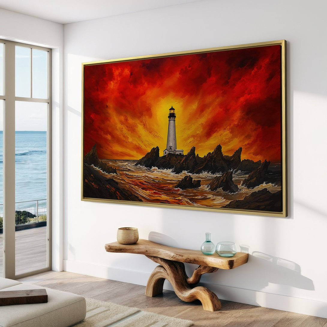Canvas Print of a dramatic lighthouse scene with a fiery red and yellow sky. Coastal artwork perfect for any home.