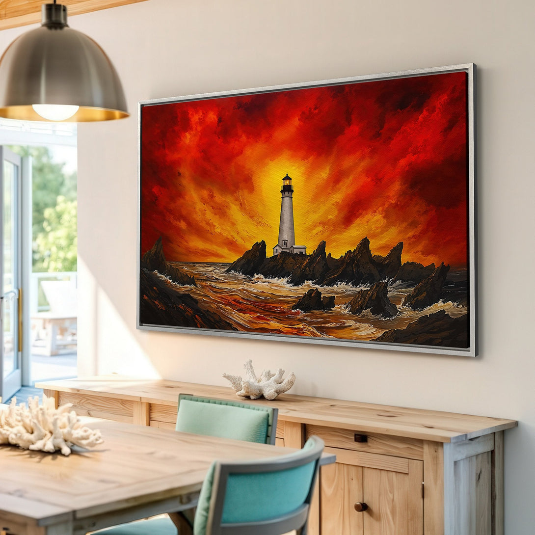 Framed Wall Art: Dramatic lighthouse painting with fiery red and orange sky. Coastal art canvas print, perfect for living room decor.