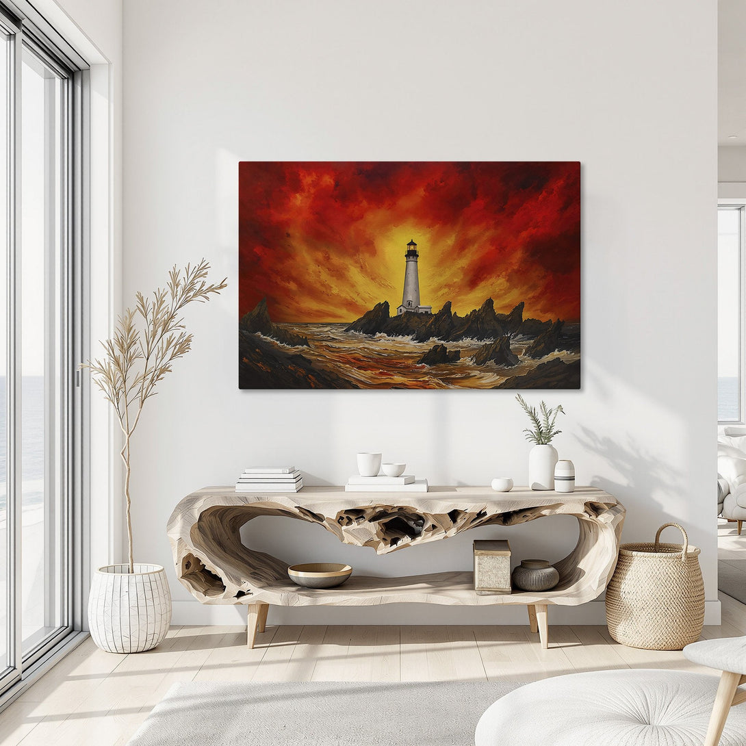 Framed Wall Art featuring a lighthouse painting with fiery orange and red hues. Dramatic coastal art perfect for your home decor.