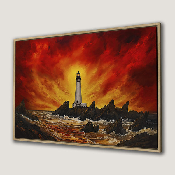 Framed Wall Art Canvas Print of a lighthouse at sunset. Dramatic painting style with a warm, fiery red and yellow color palette.