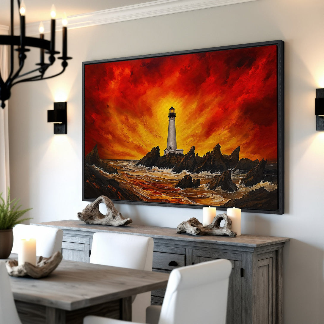 Framed Wall Art of a lighthouse at sunset. Dramatic, vibrant red and orange color palette. Perfect for adding a bold statement to your home!