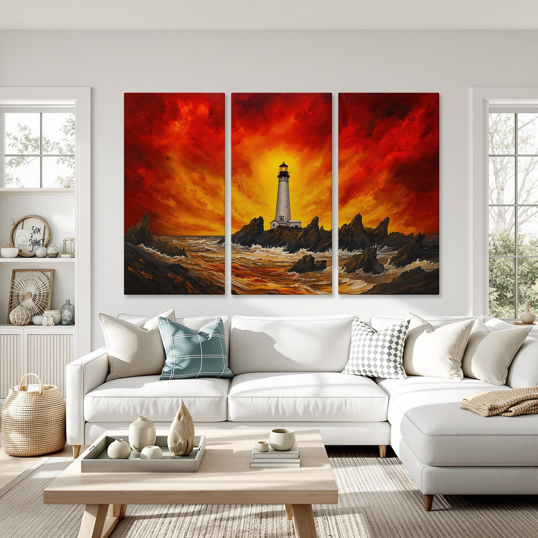 Canvas Print of a dramatic lighthouse scene with a fiery red and yellow sky. Coastal landscape art in warm tones.