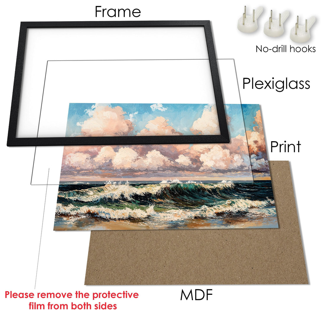Framed Poster of ocean waves in impressionist style with blue, green, and peach tones. Add coastal art to your home!