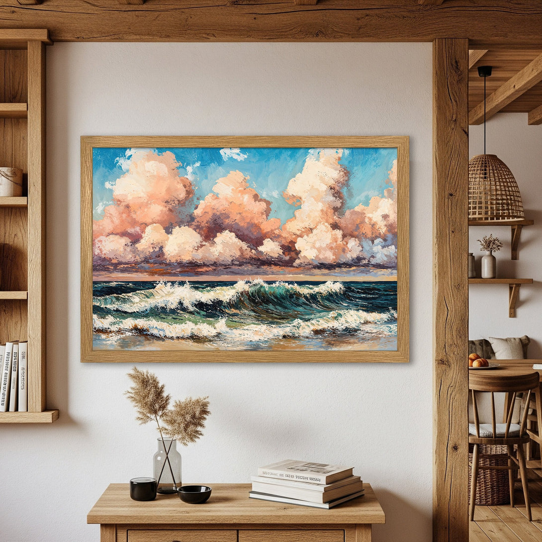 Framed Poster of a vibrant ocean scene painting, featuring dramatic clouds & waves. Coastal art in a warm color palette.