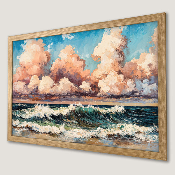 Framed Poster: Ocean wave art print with impressionist style, featuring blue, teal, and peach color palette. Perfect coastal decor.