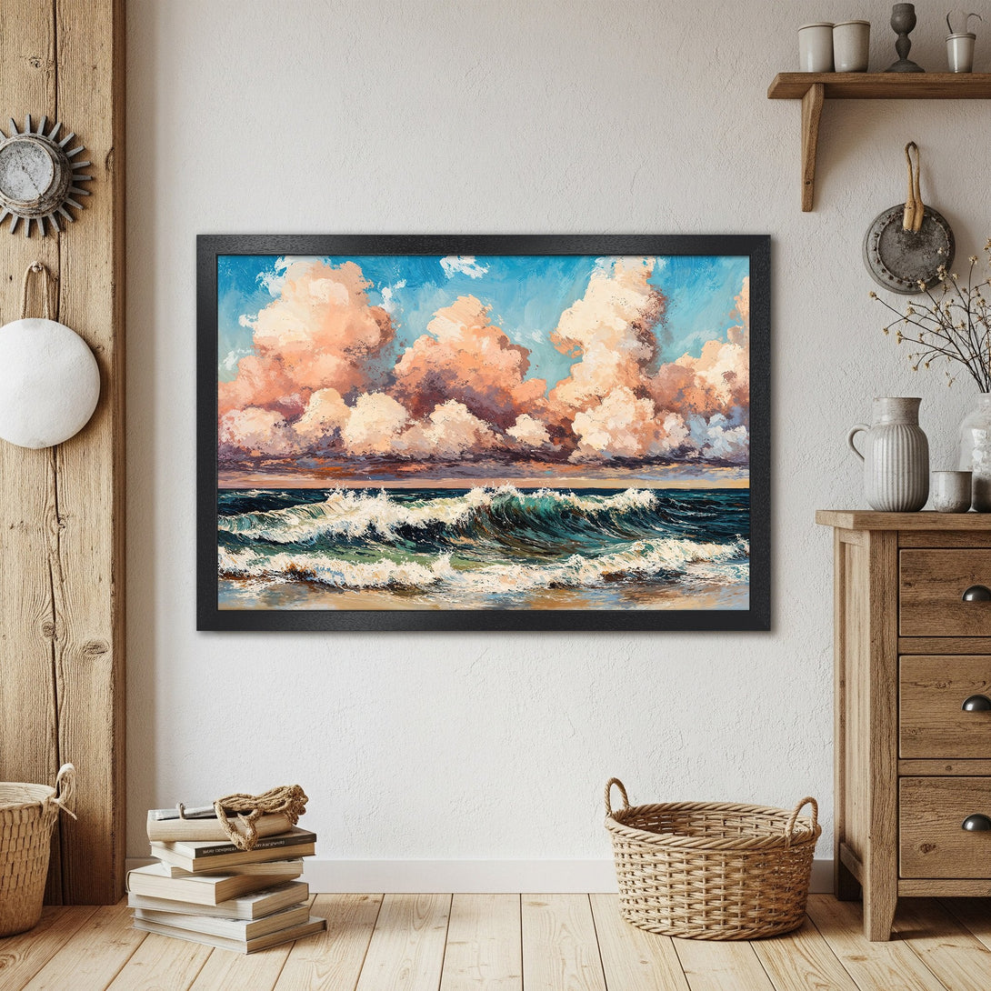 Framed Poster of ocean waves and clouds, impressionist style with warm, blue, and peach tones. Perfect wall art!
