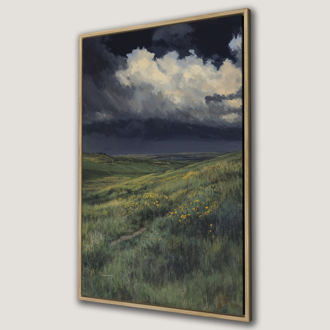 Framed Wall Art: Landscape Canvas Print with a dramatic sky and rolling green hills. Earthy color palette with dark blues, greens, and yellows. Perfect for any room!