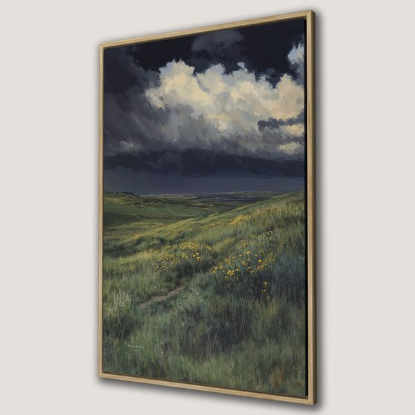 Framed Wall Art: Landscape Canvas Print with a dramatic sky and rolling green hills. Earthy color palette with dark blues, greens, and yellows. Perfect for any room!