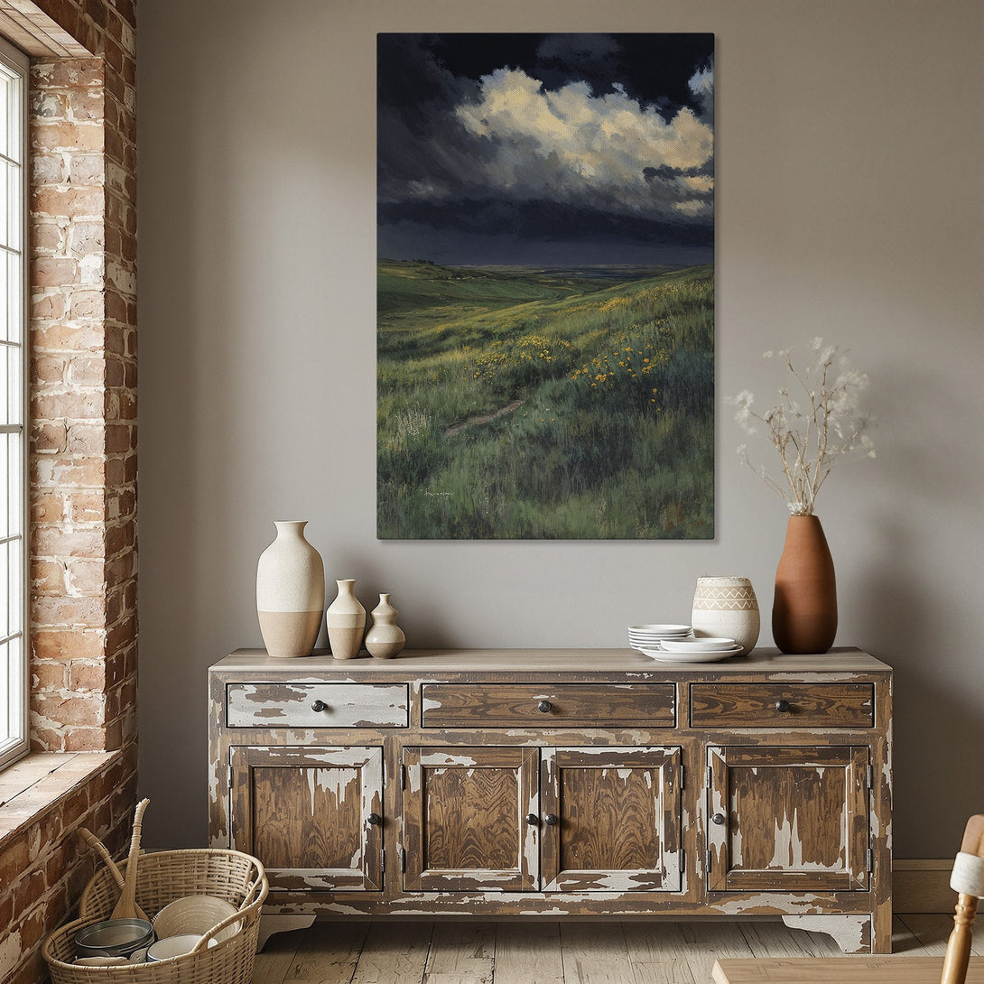 Framed Wall Art: Landscape Canvas Print with a dramatic sky over a green field. Earthy tones and a touch of yellow create a calming, elegant aesthetic.