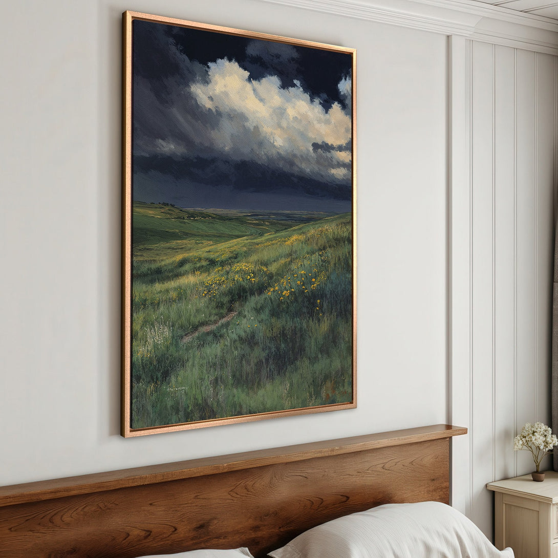 Framed Wall Art: Landscape Canvas Print with dramatic sky and rolling green hills. Earthy tones of green, yellow, and blue create a serene, yet powerful aesthetic.