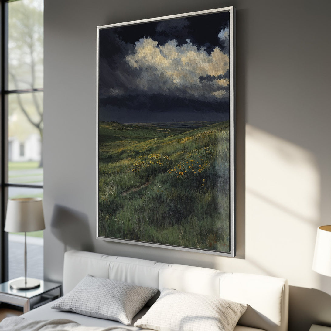 Framed Wall Art: Dramatic landscape Canvas Print with moody skies, green fields, and a touch of yellow. Perfect for adding a touch of nature to your home.