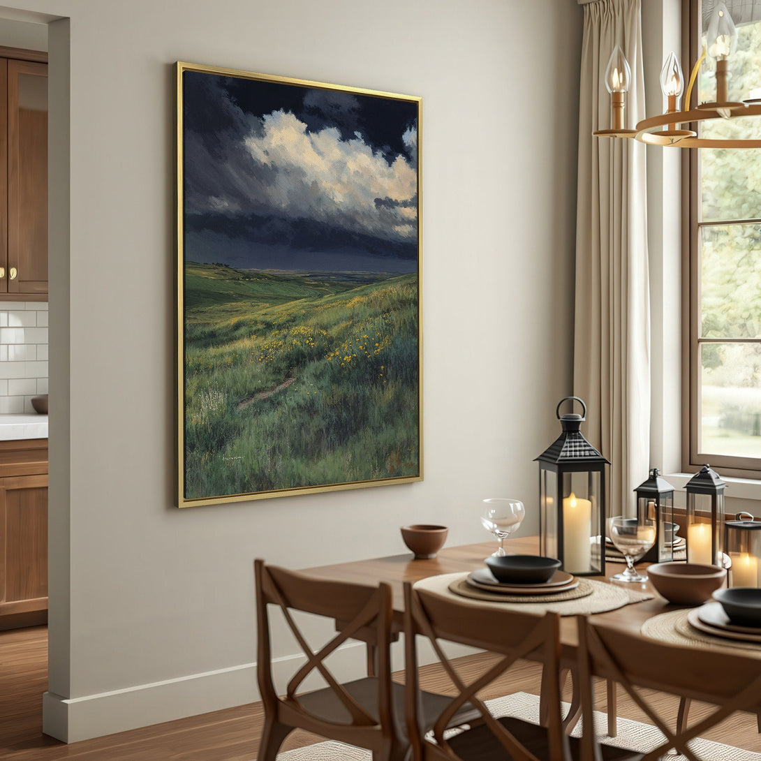 Canvas Print of a dramatic landscape painting with dark clouds and green fields, in a warm, earthy color palette.