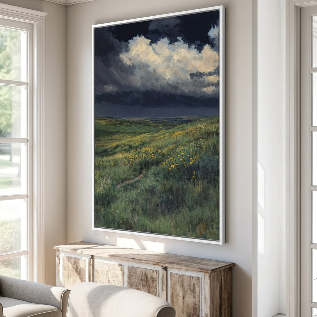 Framed Wall Art: Dramatic landscape Canvas Print with dark storm clouds & green fields. Bring the beauty of nature into your home with this stunning artwork.