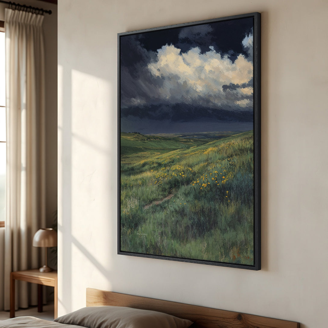 Framed Wall Art: Landscape painting with dramatic sky and rolling green hills. Earthy color palette adds a touch of nature to your decor.