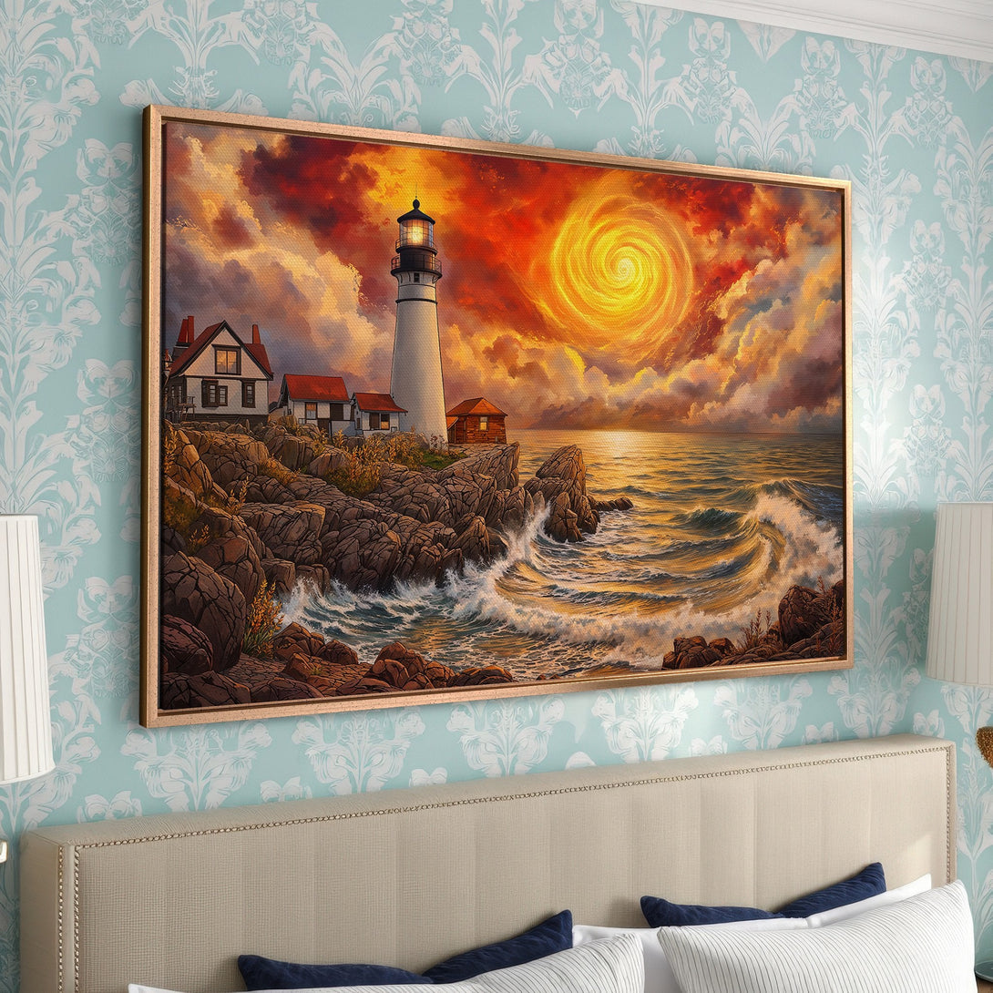 Framed Wall Art: Lighthouse painting with vibrant sunset colors. Coastal art canvas print in warm orange and gold tones, perfect bedroom decor.