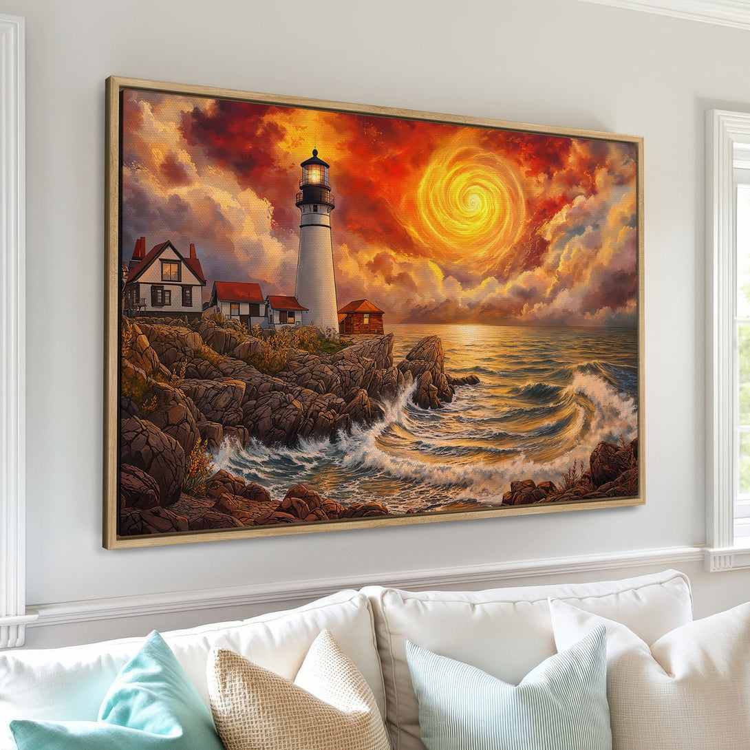 Framed Wall Art: Dramatic lighthouse painting with fiery sunset. Coastal art in warm orange, red, and gold tones. Perfect for adding a touch of drama to your space.