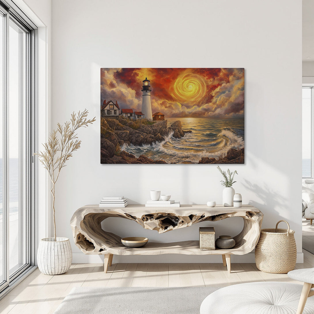 Framed Wall Art: Lighthouse painting with fiery sunset. Coastal art in warm orange and gold hues. Perfect for living room decor.