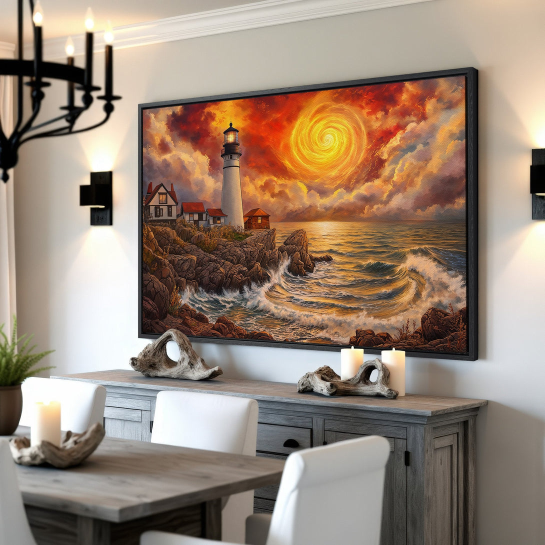 Framed Wall Art featuring a lighthouse scene with a fiery sky. Coastal artwork in warm orange, red, and blue tones. Perfect for adding drama to your home decor.