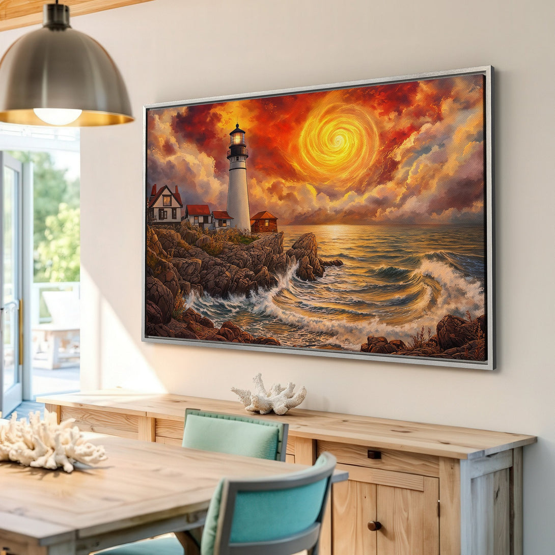 Framed Wall Art: Coastal lighthouse painting with fiery sunset, warm orange and red palette, perfect for adding drama to your home decor.