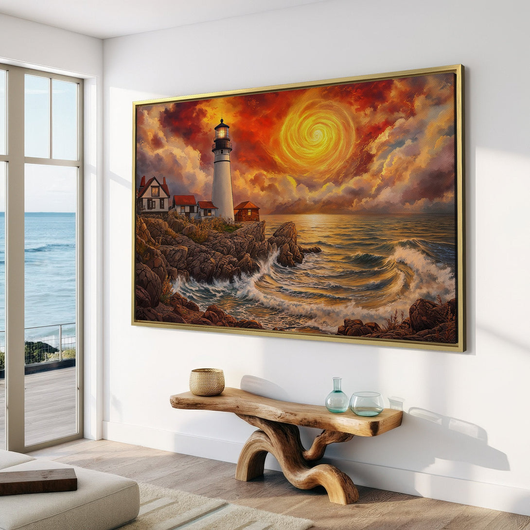 Canvas Print of a lighthouse painting with a dramatic sky. Warm orange and yellow hues create a striking coastal scene, perfect wall art.