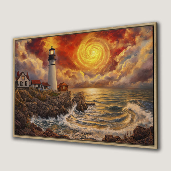 Canvas Print of a lighthouse on a rocky coast, dramatic sky, warm color palette. Stunning wall art for coastal decor.