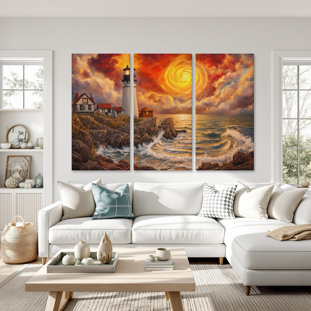 Stunning Canvas Print of a lighthouse scene with a vibrant red and orange sunset. Coastal art perfect for living room decor.