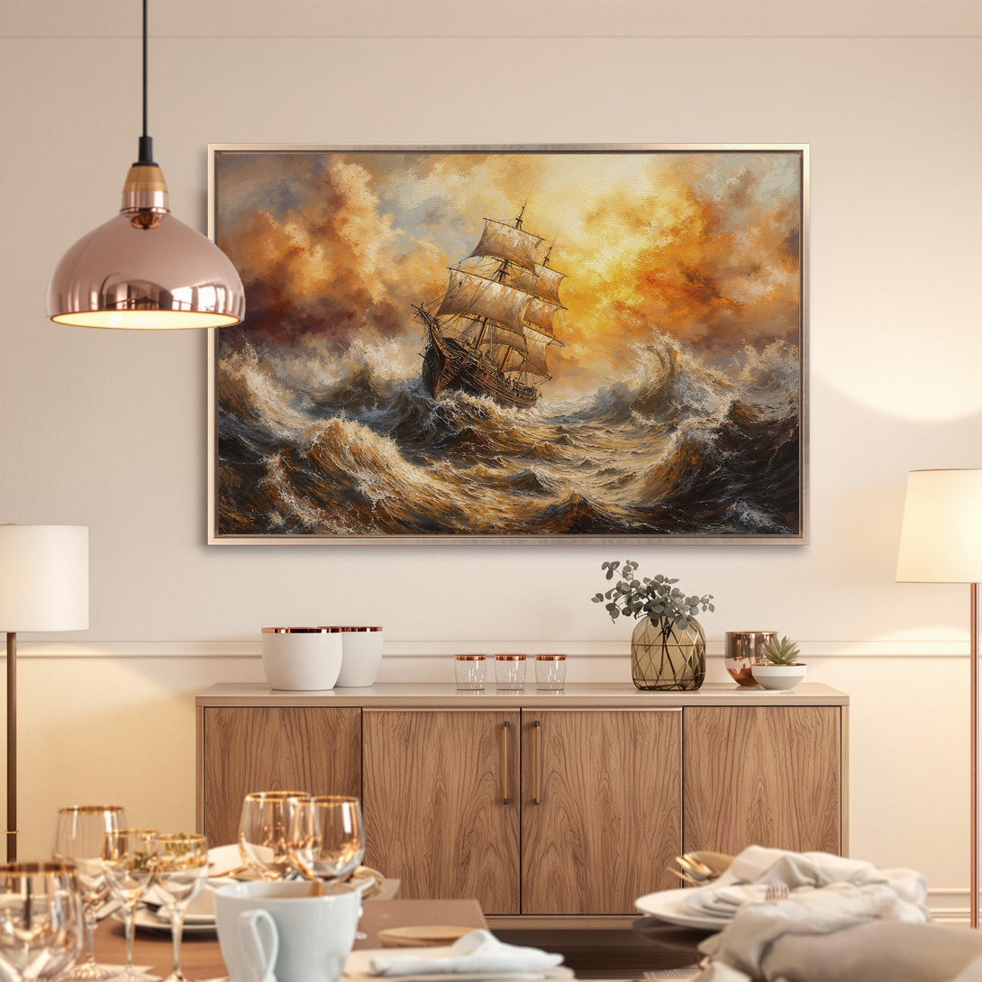 Framed Wall Art: Dramatic seascape Canvas Print with a stormy sky and sailing ship. Warm, golden color palette adds a touch of elegance to any room.
