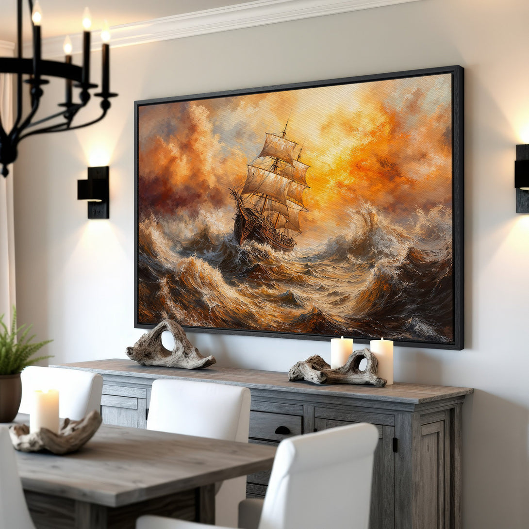 Framed Wall Art: Dramatic seascape Canvas Print with a ship in stormy waters, warm orange and brown tones, perfect for adding coastal charm.