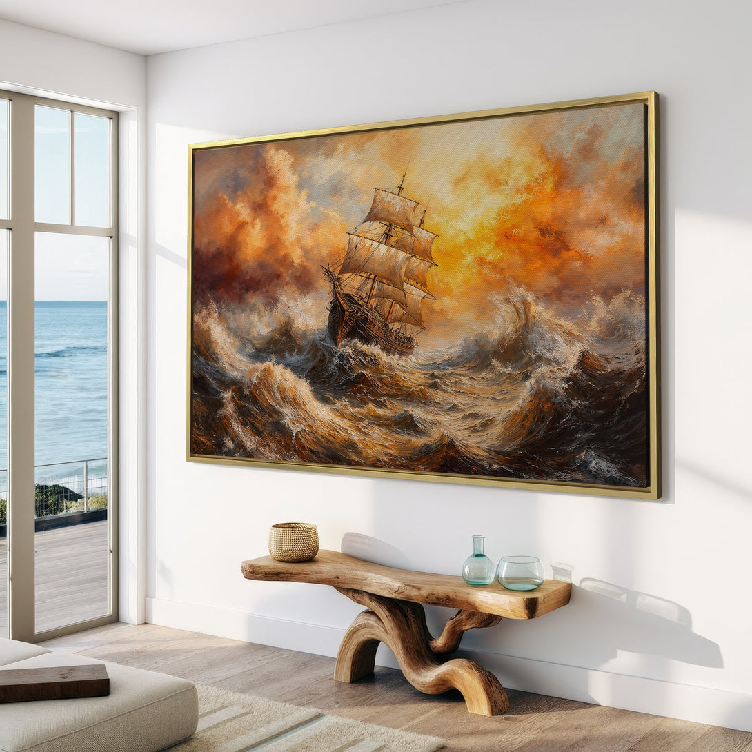 Canvas Print of a dramatic seascape painting. Classic style with warm, earthy tones of brown, gold, and blue. Perfect for adding a touch of adventure.