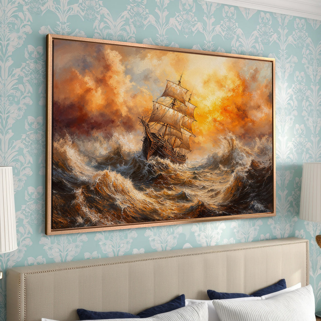 Framed Wall Art: Dramatic seascape Canvas Print of a ship in a storm, rich warm tones. Perfect for adding a touch of adventure to your home decor.
