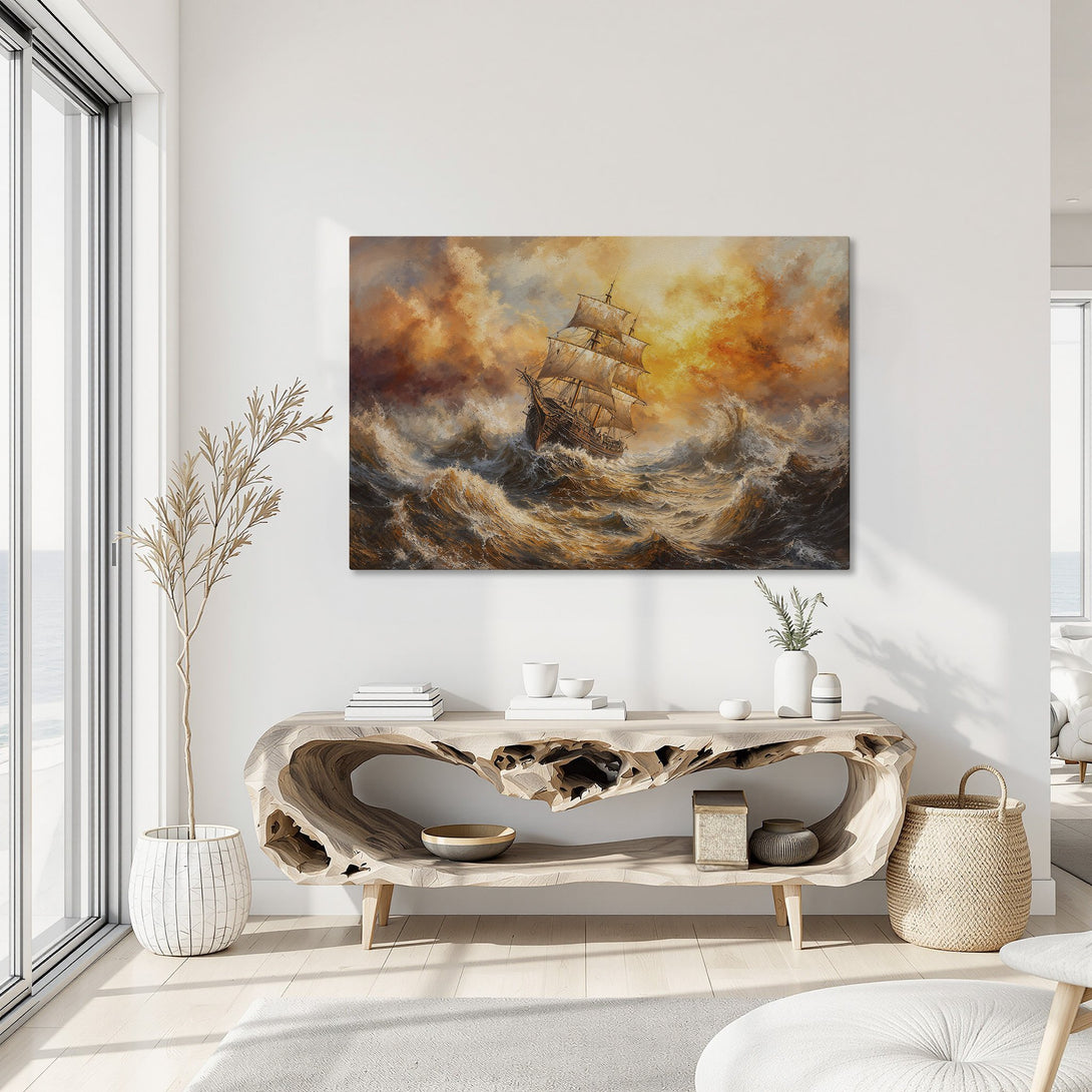 Framed Wall Art: Dramatic seascape Canvas Print with a sailing ship in a stormy ocean. Warm orange and brown color palette, perfect for coastal decor.