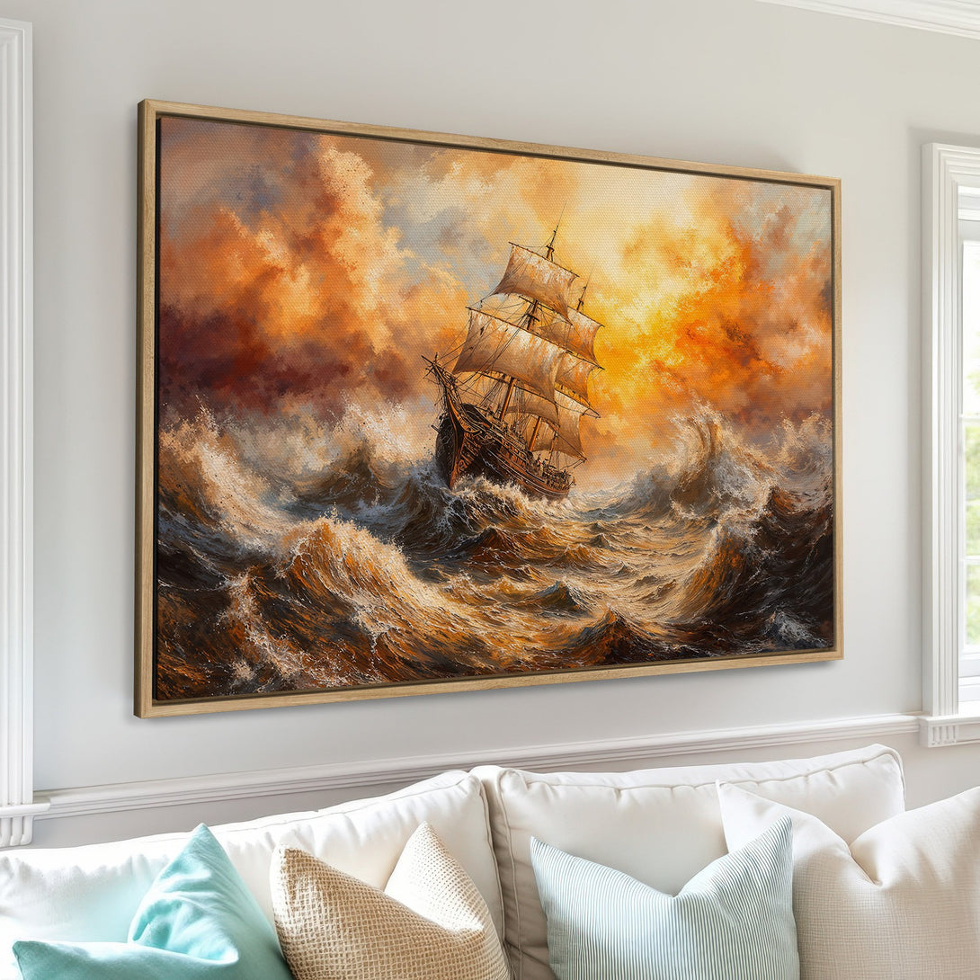Framed Wall Art: Dramatic seascape Canvas Print of a ship battling a storm. Warm orange, brown, and blue color palette. Perfect for adding a touch of adventure.