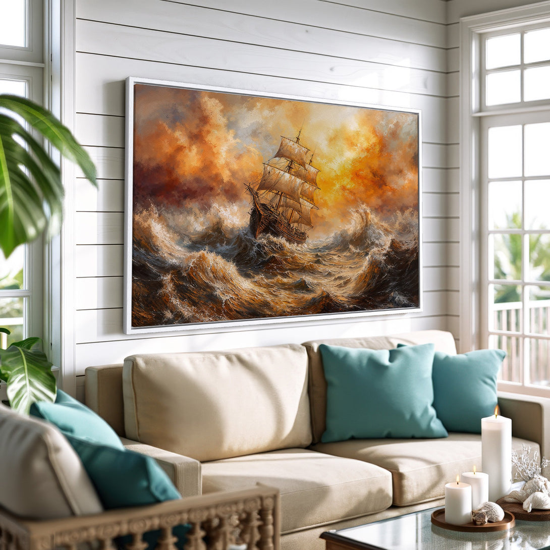 Framed Wall Art: Dramatic seascape Canvas Print with a vintage ship in a stormy ocean. Warm orange and brown hues create a captivating, classic style.