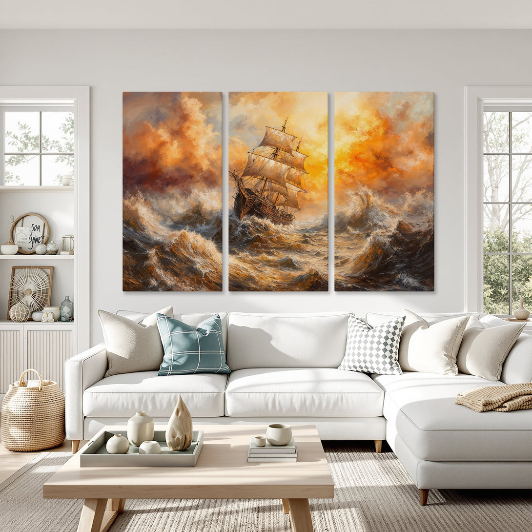 Canvas Print of a dramatic seascape with a sailing ship, warm orange and brown tones, displayed in a modern living room.