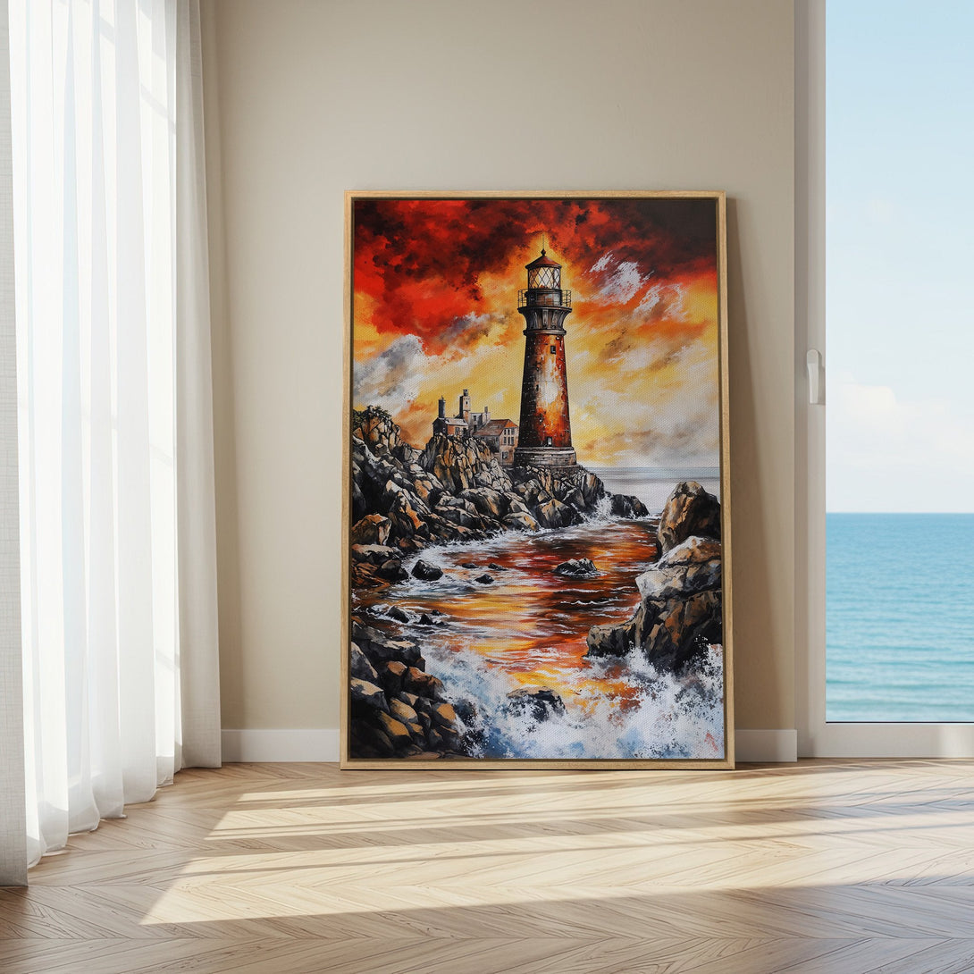 Framed Wall Art: Coastal lighthouse painting with vibrant orange, red, and yellow hues. Dramatic seascape Canvas Print adds warmth and style to any room.