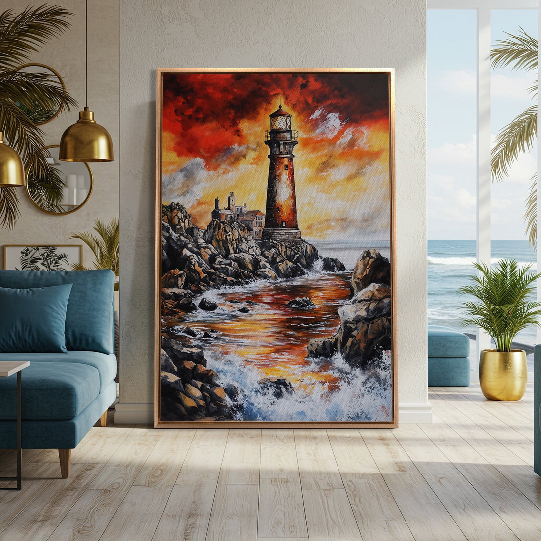 Framed Wall Art: Dramatic lighthouse painting with fiery sunset. Coastal artwork in warm orange, red, and brown tones. Perfect for a cozy living room.