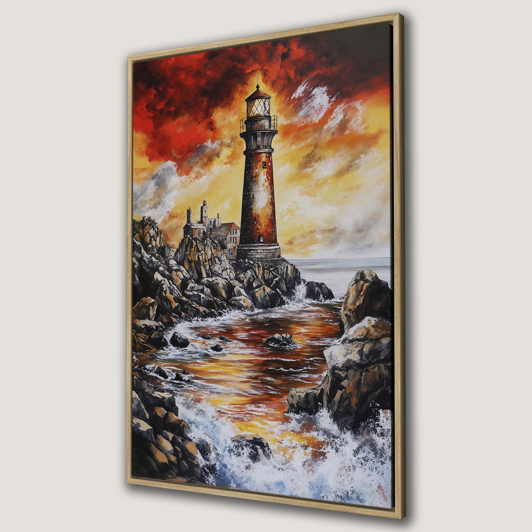 Framed Wall Art: Lighthouse painting with fiery sunset. Coastal artwork in warm orange, red, and yellow tones. Perfect for adding a dramatic touch to any space.