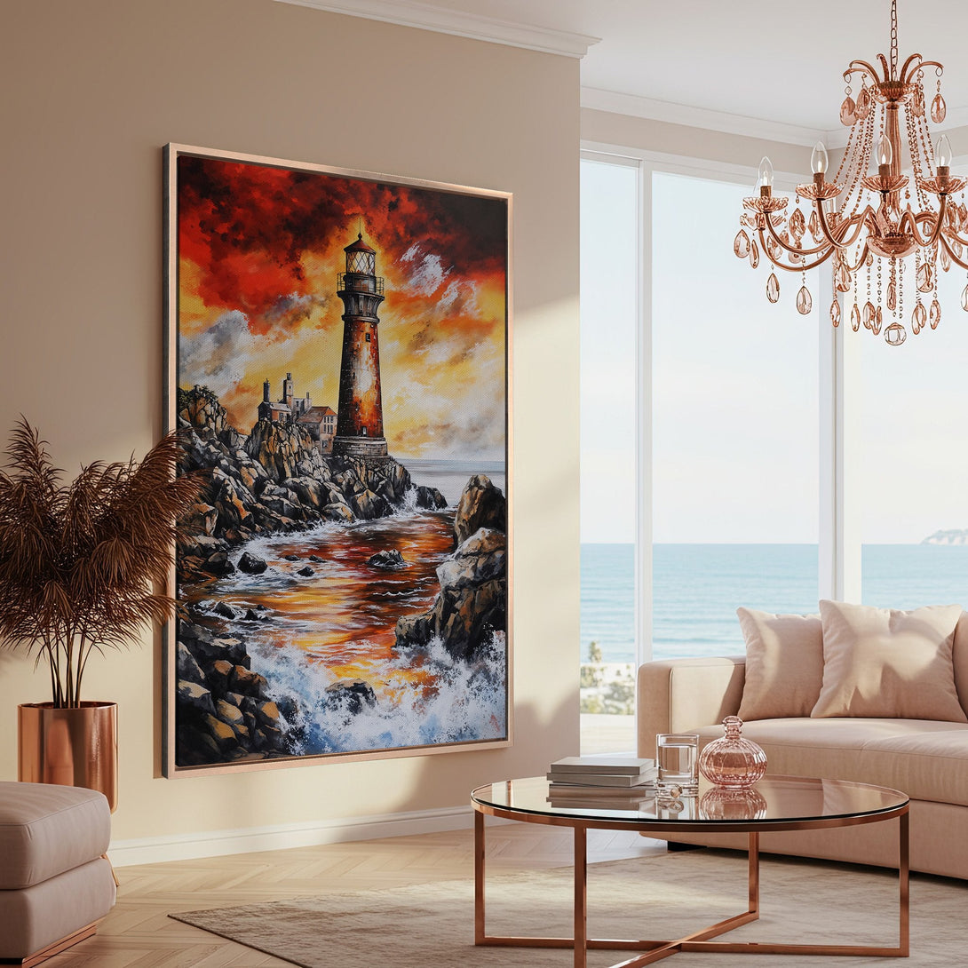 Framed Wall Art of a lighthouse on rocky coast. Dramatic art with warm red, orange, and yellow tones. Coastal decor for living room.
