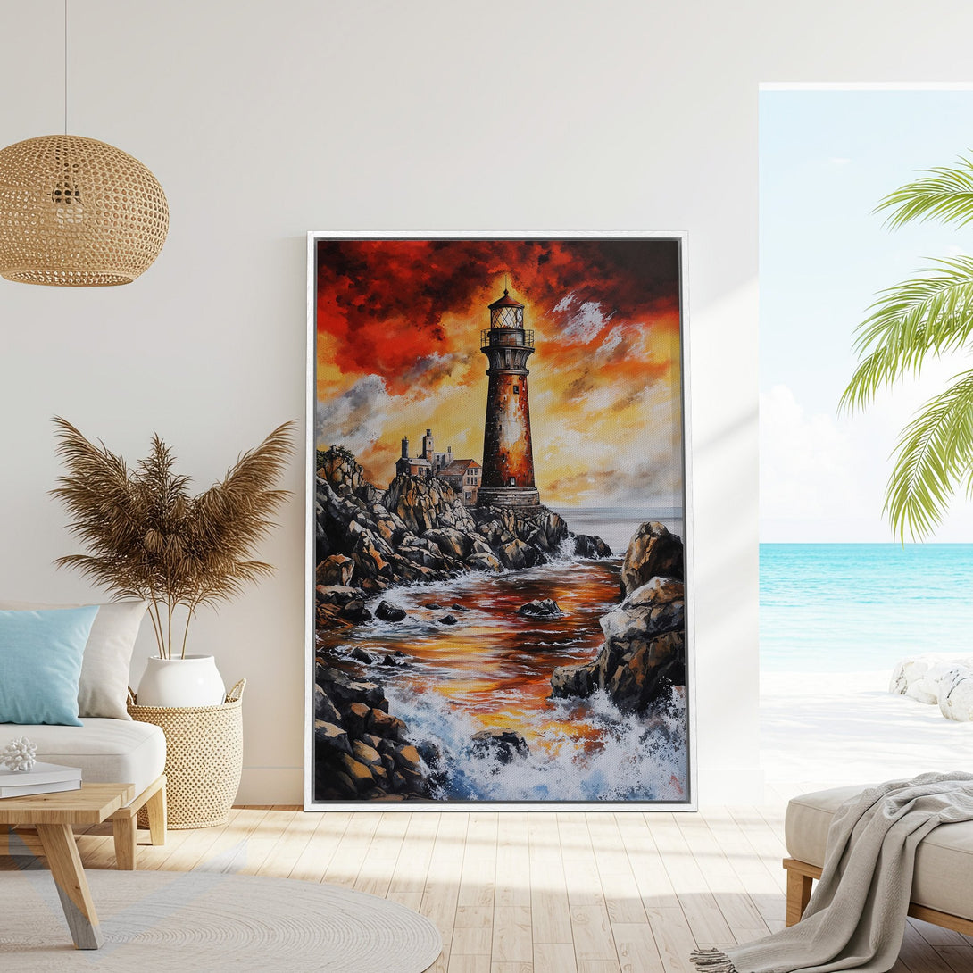 Framed Wall Art: Lighthouse painting with fiery sunset. Coastal art in warm orange, red, and brown tones. Perfect for a beach house or coastal decor.