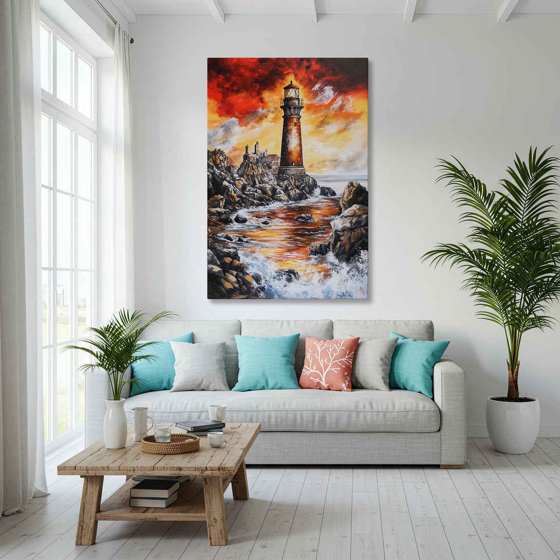 Framed Wall Art: Lighthouse painting in warm sunset hues. Coastal decor inspiration for your living room. Enhance your space with this beautiful Canvas Print.