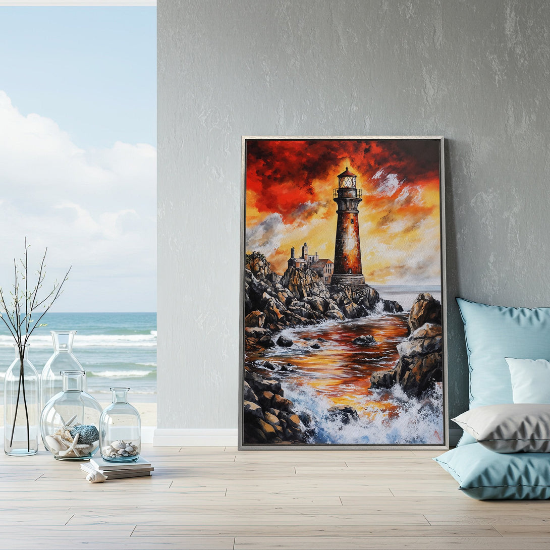 Framed Wall Art: Lighthouse painting with vibrant orange and red sunset. Coastal art in a modern interior, perfect for adding warmth and style to your home.