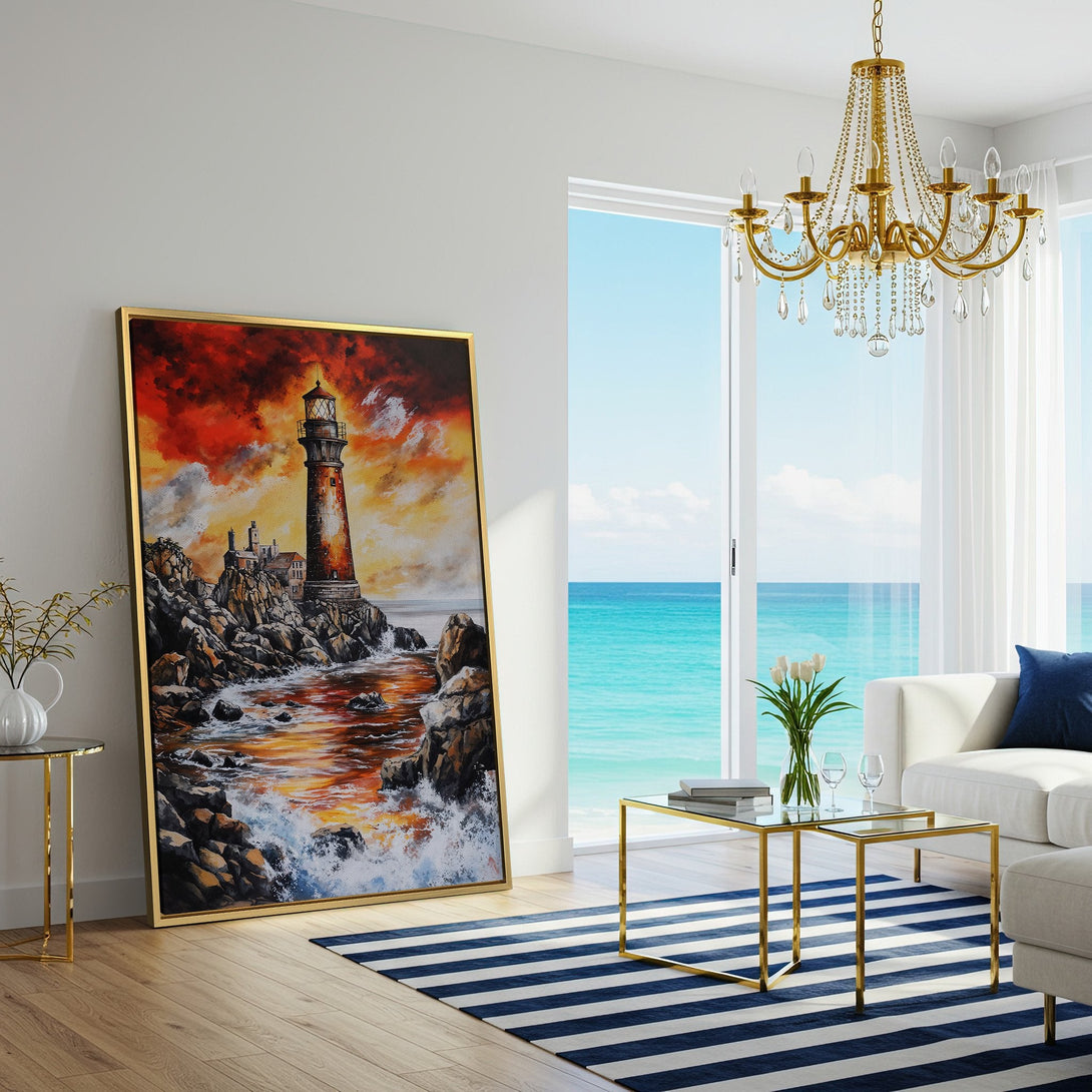 Canvas Print of a lighthouse at sunset. Coastal art with warm orange, red, and yellow hues. Perfect for adding a touch of nautical charm to your home.