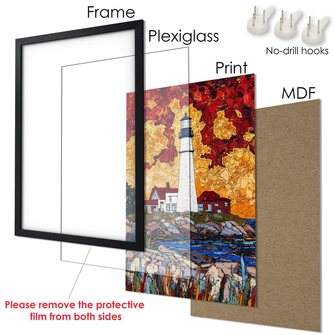 Framed Poster featuring a lighthouse art print. Coastal style with warm red, gold, and blue color palette. Perfect wall decor!
